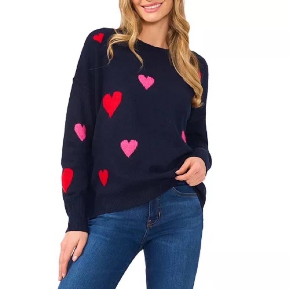CeCe Navy Crewneck Long Sleeve Hearts Sweater